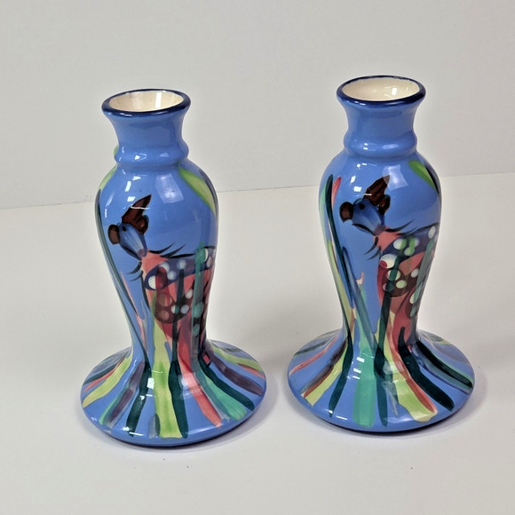 Mexican Hand Painted Candle Sticks 6 Inch Blue Set of 2 Art Pottery Vintage 2001 - Picture 1 of 9
